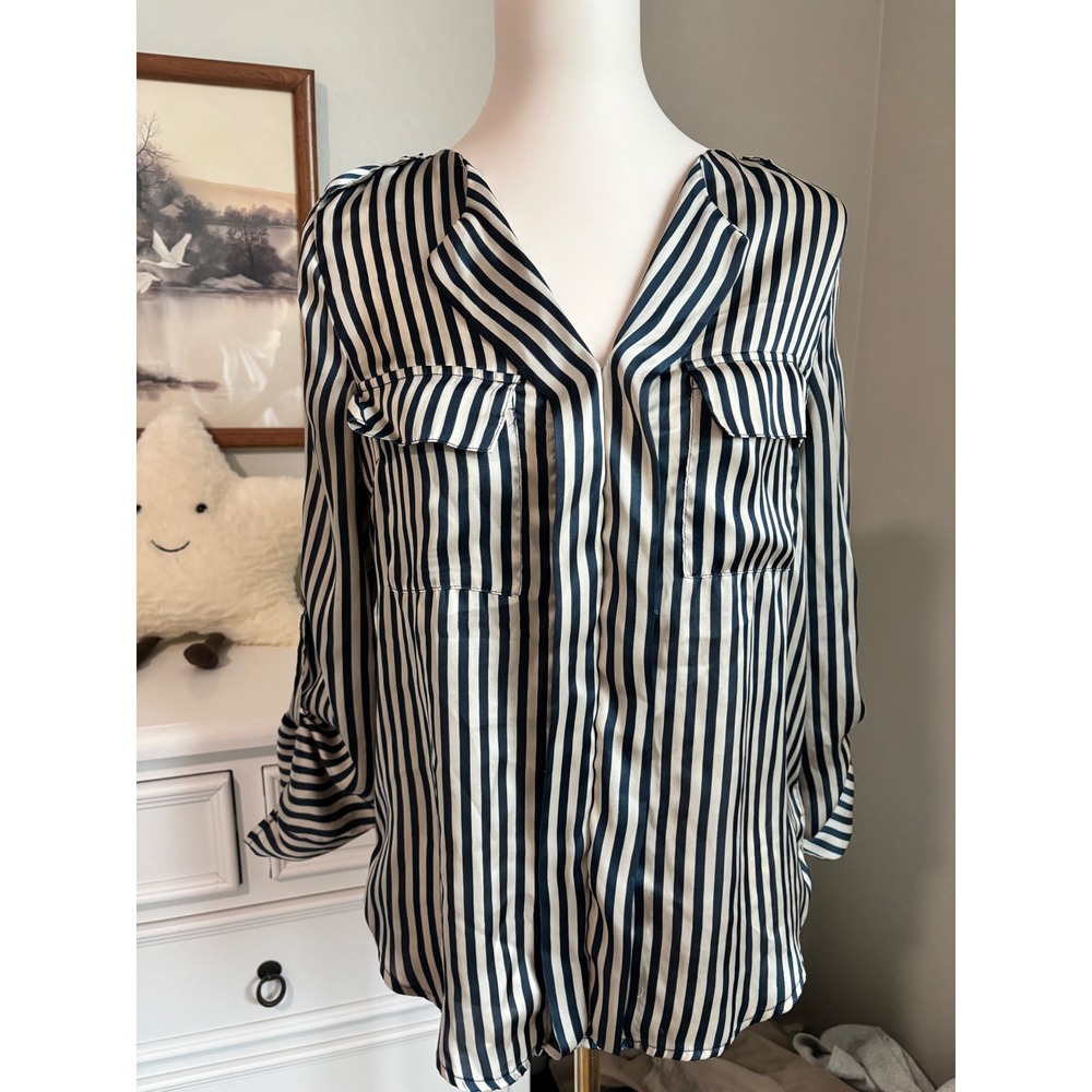 coastal nautical Striped Satin Blouse Navy Cream Roll Tab Sleeve Button Up